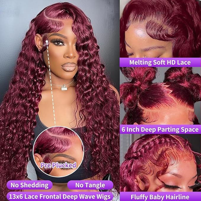 24 Inch 99J Burgundy Lace Front Wigs Human Hair Deep Wave 13x6 HD Lace Front Wigs Pre Plucked with Baby Hair Wet and Wavy Human Hair Wig 200% Density Deep Curly Frontal Wigs for Black Women