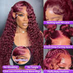 28 Inch 99J Burgundy Lace Front Wigs Human Hair Deep Wave 13x6 HD Lace Front Wigs Pre Plucked with Baby Hair Wet and Wavy Human Hair Wig 200% Density Deep Curly Frontal Wigs for Black Women
