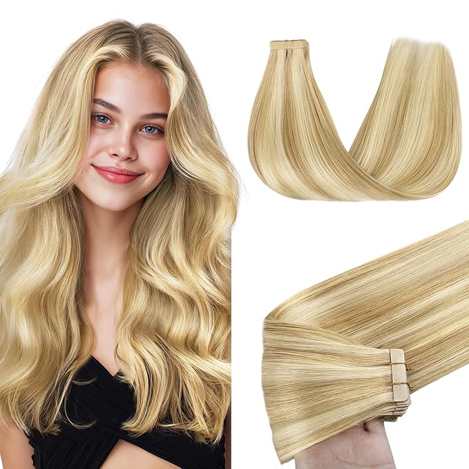 GOO GOO Tape in Hair Extensions Human Hair, 18D/22F Dirty Blonde Highlights, 16inch 50g 20pcs, Skin Weft Seamless Invisible, Silky Straight with Thick Ends, Remy Human Hair