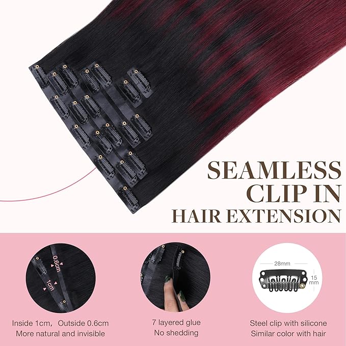 GOO GOO Clip in Hair Extensions Real Human Hair, Remy Human Hair Extensions Clip ins for Women, Natural Human Hair, 16inch 130g 7 Pcs, #1/99j Balayage Jet Black to Red Seamless Blend