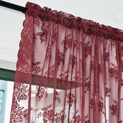 Kotile Burgundy Floral Sheer Curtains - Image 3
