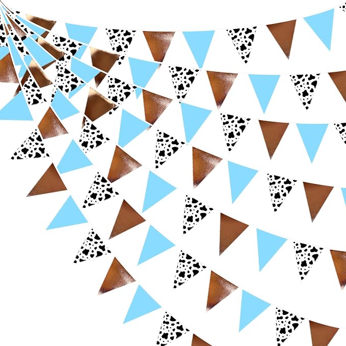 32Ft Cow Party Decorations Blue Brown Western Cowboys Triangle Flag Fabric by pinkblume