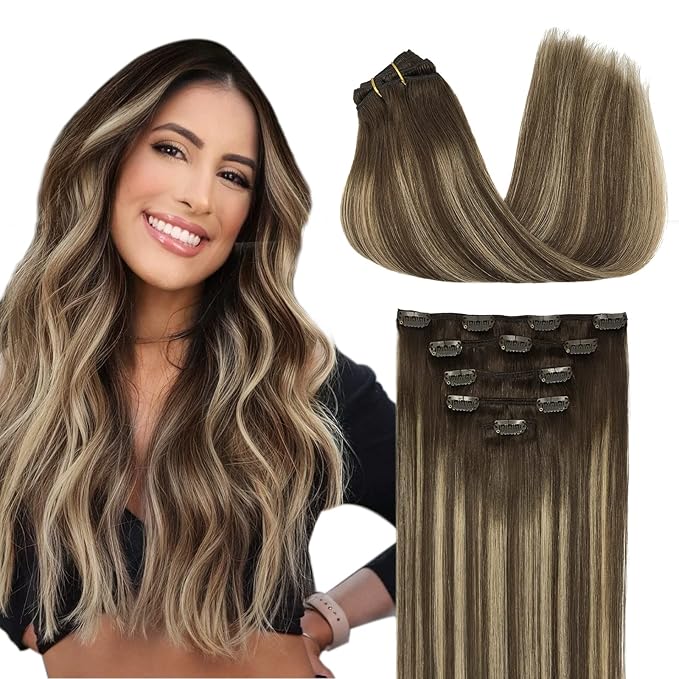 DOORES Clip in Hair Extensions, Real Human Hair, 5pcs 80g Balayage Chocolate Brown to Honey Blonde, 18 Inch Natural Straight Hair