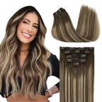 DOORES Clip in Hair Extensions, Real Human Hair, 5pcs 80g Balayage Chocolate Brown to Honey Blonde, 18 Inch Natural Straight Hair