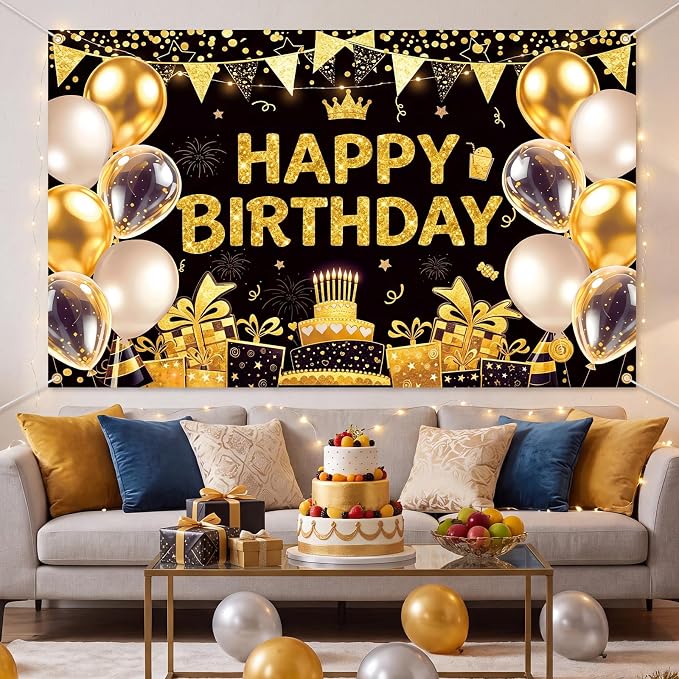 Blulu Happy Birthday Backdrop Banner Sign Poster Large Fabric Glitter Balloon - Image 7