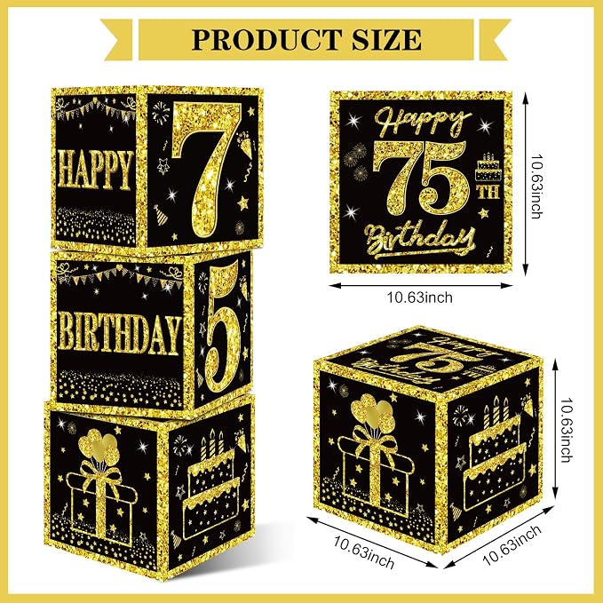 Eiurteao 3pcs Black Gold 75th Birthday Decorations Boxes - Image 3