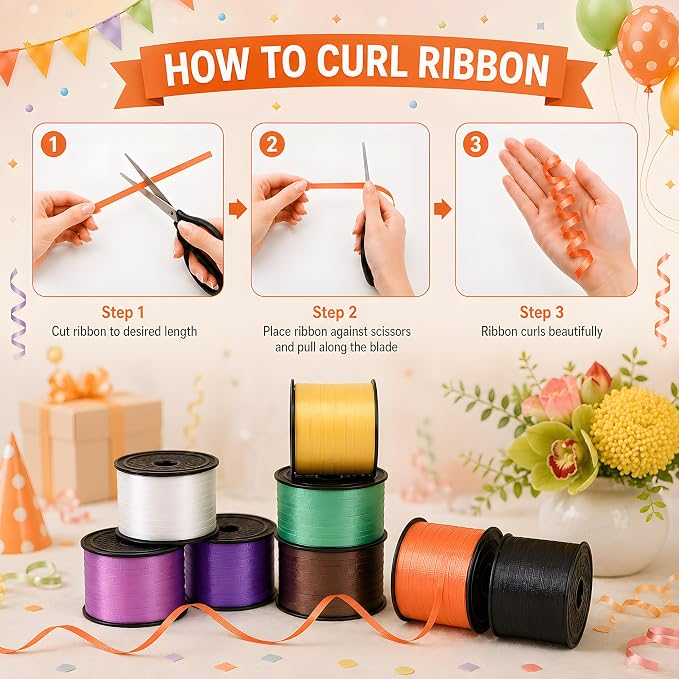 BEISHIDA 3 Pack 100 Yard Matte Black Green Brown Curling Crimped Ribbon Balloon - Image 3