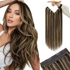 YoungSee Wire Hair Extensions Highlight Wire Human Hair Extensions Dark Brown Highlights Caramel Blonde One Piece Hair Extension Short Straight Hair 12inch 70g