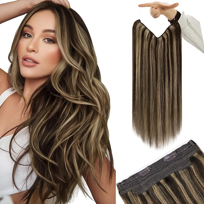 YoungSee 130G Wire Hair Extensions for Women Highlight Dark Brown with Blonde Wire Hair Extensions Dark Brown Fish Line Hair Extension Remy Hair 22inch