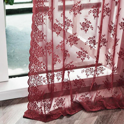 Kotile Burgundy Lace Curtains for Bedroom Rustic Floral 52x63 Inch 2 Panels | - Image 8