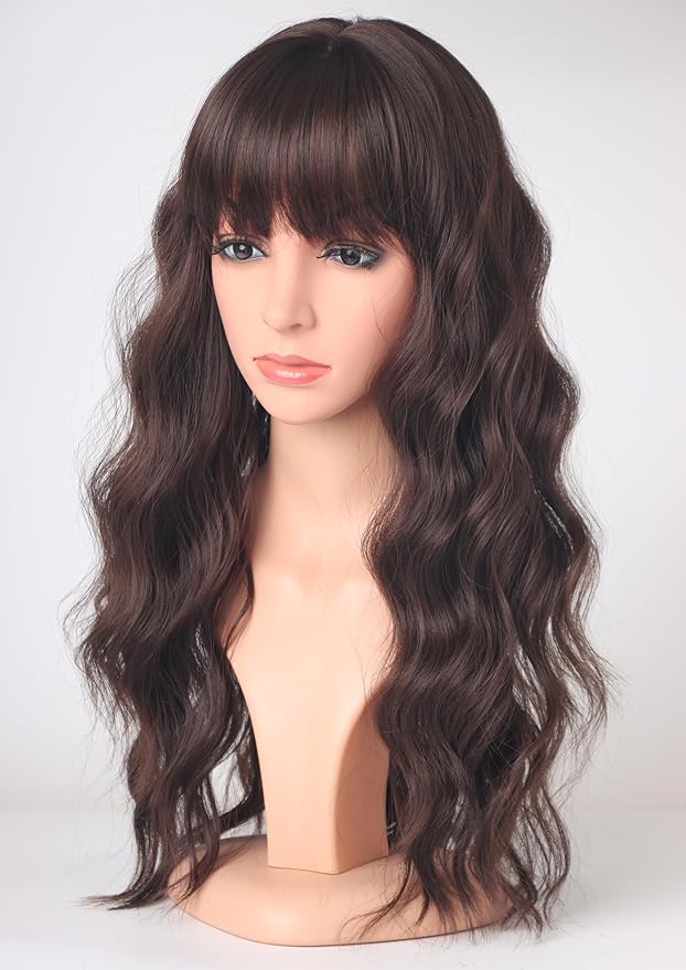 Medium Long Brown Wavy Wigs For Women Synthetic Full Hair Wigs With Bangs For Daily Use (brown)