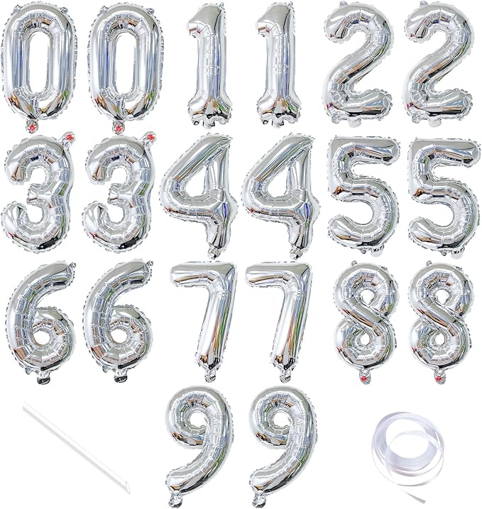 20 Pieces 2 Sets of 16 Inch Silver Number 0-9 Balloons – Foil Mylar Balloons by Tedercle