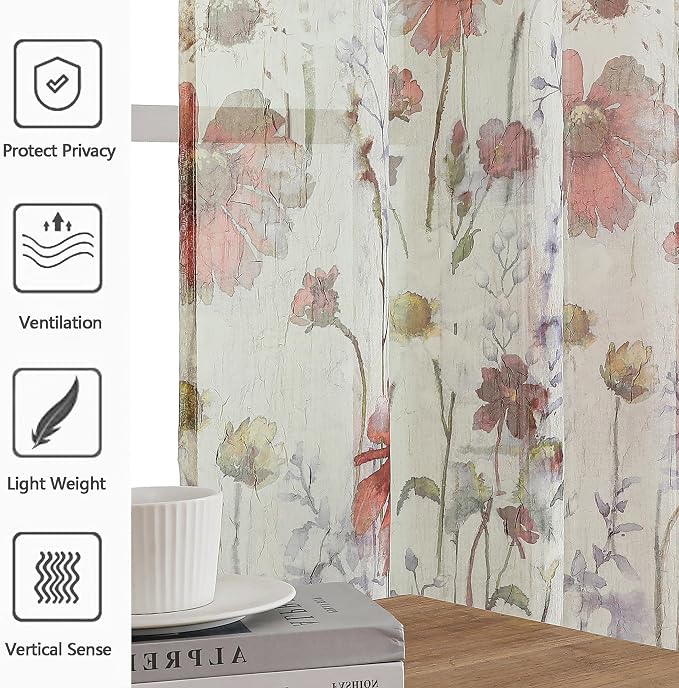 Crushed Semi Sheer Curtains 72 Inches Length 2 Panels, Floral Pattern Design - Image 5