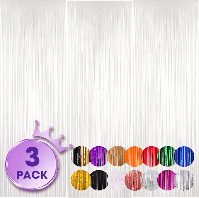 Voircoloria Pastel White Foil Fringe Backdrop Curtains, 3 Pack | Tinsel by Voircoloria