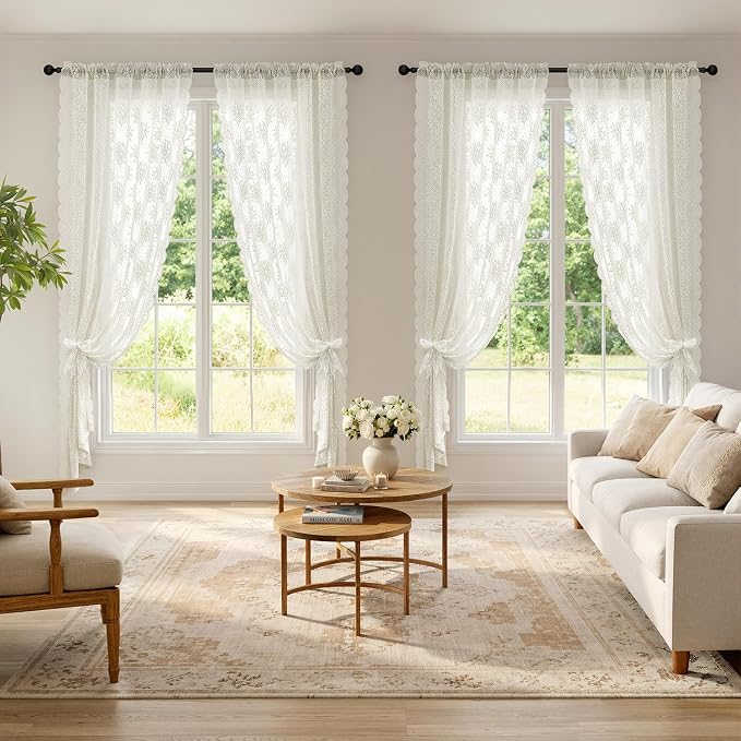 MIULEE Vintage Floral Scalloped Lace Curtains 2 Panels, Ivory 52" W x 84" L | - Image 2