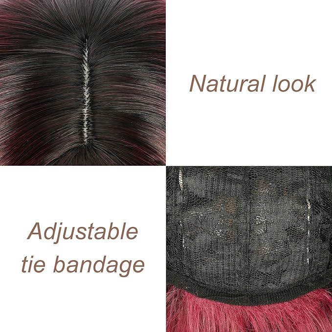 FAELBATY Short Wave Bob pink Wig With Bangs Synthetic Ombre Pink Cosplay Wig for women Halloween Wig Costume Wigs (12" Ombre Dark Red Color)