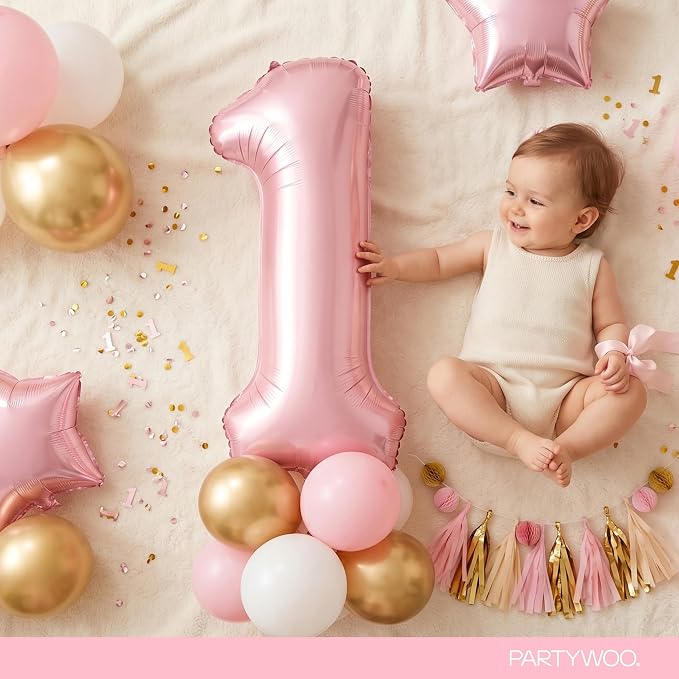 PartyWoo Number Balloons 40 Inch Pink Number 1 Kit 25pcs - Image 3