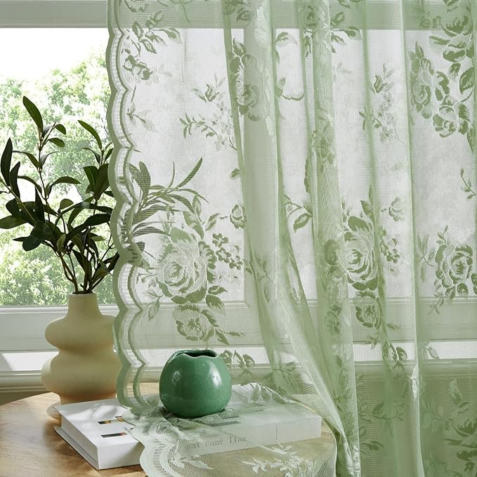 Sage Green Lace Curtains Victorian Floral Sheer Curtains 45 Inch Length by SEEKRIGHTHomeDecor