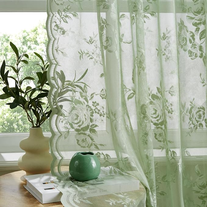 Sage Green Lace Curtains 102 Inches Long Spring Country Floral Sheer Curtains - Image 4