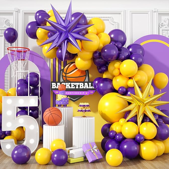Purple and Yellow Balloon Arch Kit, Basketball Balloons by Sowide