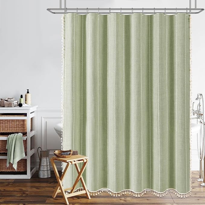 72x96 Extra Long Boho Linen Heavy Duty Shower Curtain Set, Sage Green | Extra - Image 6