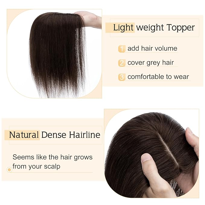 SEGO Human Hair Toppers for Women With Thinning Hair, 7 * 13CM Silk Base 100% Real Human Hair Clip in Top Wiglet Hairpieces//18 Inch No Bangs Dark Brown