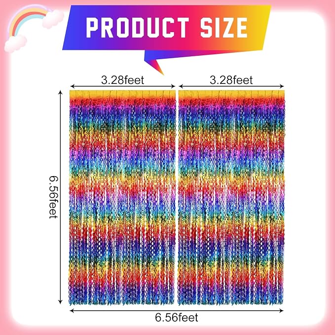 2 Pack Colorful Wavy Foil Fringe Curtain Backdrop, 3.3 X 6.6 Ft Rainbow Wavy - Image 2