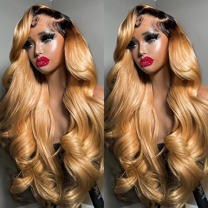 Honey Blonde Lace Front Wigs Human Hair 13x6 Ombre HD Transparent Lace Frontal Wig 12A Body Wave Ombre Blonde 1B/27 Lace Front Wigs Highlight Glueless Human Hair Wigs for Women Pre Plucked 26inch