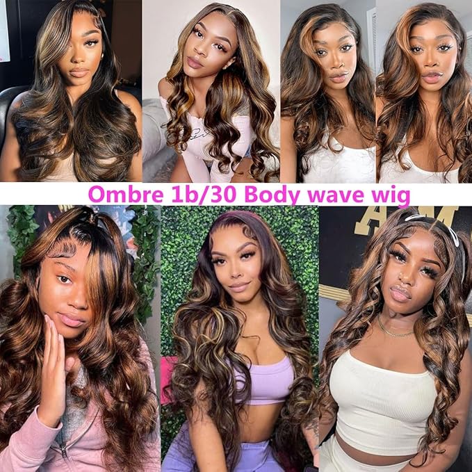 Highlight Ombre Lace Front Wigs Human Hair Body Wave 9x6 Lace Frontal Wigs Pre Plucked Colored 1B/30 Brown Highlight Wig 36 Inch Balayage Wigs Glueless Wigs Human Hair for Women