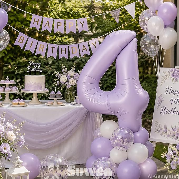 SUWEN 40 Inch Light Purple Lavender Big 4 Balloon Number Foil Helium 0-9 | 4th - Image 3