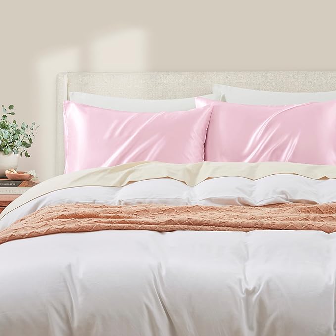 Pink Satin Pillowcase Queen Size Set of 2 for Hair and Skin,Pink Silk Pillowcase Breathable Pillowcase with Envelope Closure