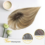 Hair Toppers with Thinning Hairs 100% Real Human Hair Toppers for Women 3D Cover Clip in Bangs 10inch Medium Brown Mix Blonde with Dark Brown Root Topper 120% Density #4T427