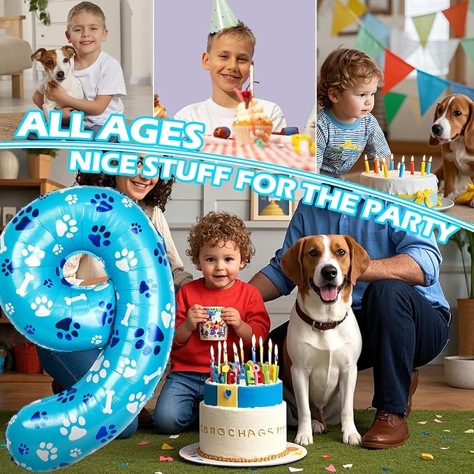 40 Inch Blue Dog Paw Birthday Balloons, Number 9 Balloons - Image 5