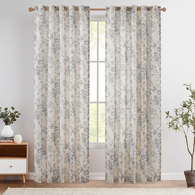 jinchan Grey Floral Linen Curtains 90 Inch Vintage Back Tab 2 Panels | Light by JINCHAN