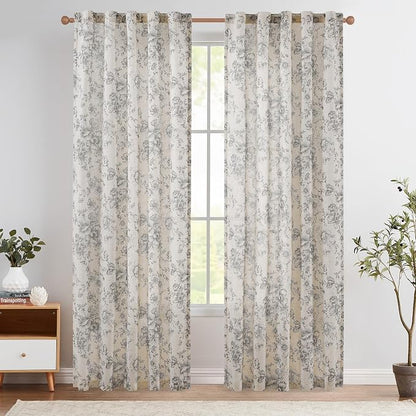 jinchan Grey Floral Linen Curtains 90 Inch Vintage Back Tab 2 Panels | Light by JINCHAN