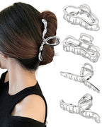 HAIMEIKANG 4 PCs Metal Hair Claw Clips for Women - Irregular Large Hair Clips for Thick Hair Thin Hair Non-Slip Hair Styling Accessories for Women Girls(Silver #3)