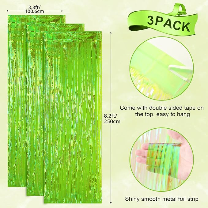 Voircoloria Iridescent Green Fringe Backdrop Curtains, 3 Pack | Tinsel Streamers - Image 3