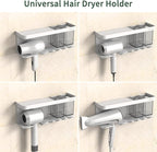 Hair Dryer Holder Wall Mounted Adhesive/Drilling, Hair Dryer Storage Organizer with Shelf & Hooks for Bathroom, Blow Dryer Holder, Hair Tool Organizer (White)
