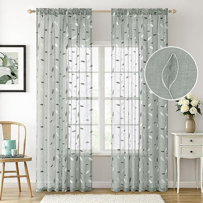 MIULEE Sage Sheer Curtains 2 Panels Embroidered Leaf Patterned, W52 x L96 | - Image 3