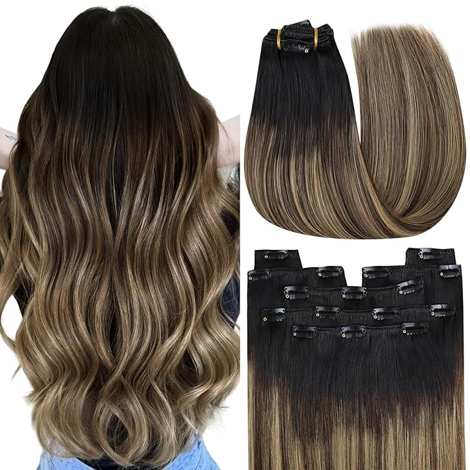 YoungSee 24 Inch Hair Extensions Clip ins Black Ombre Clip in Human Hair Extensions Ombre Natural Black to Blonde with Brown Balayage Human Hair Clip in Extensions for Long Hair 120G