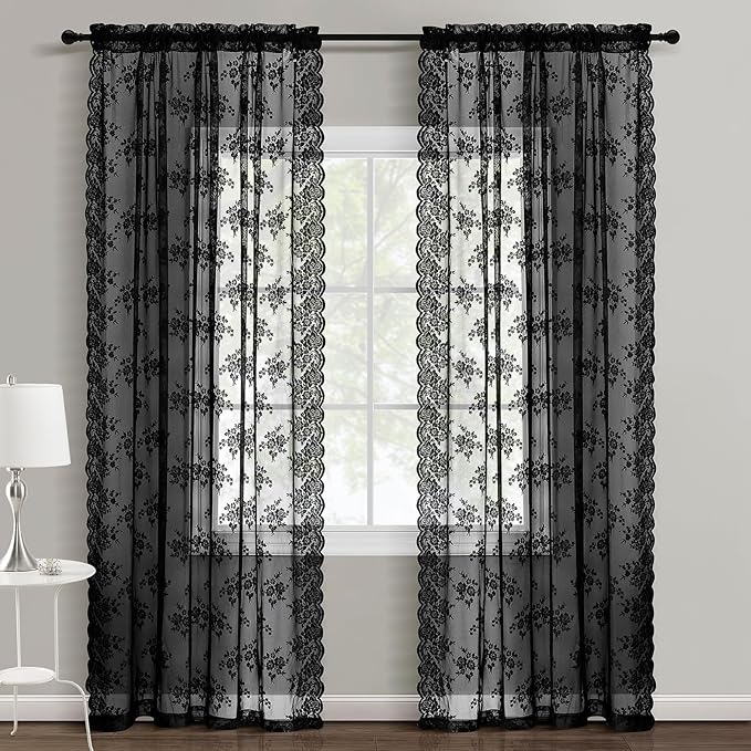 Kotile Black Lace Curtains for Bedroom Rustic Floral 42 x 63 Inch 2 Panels | - Image 6