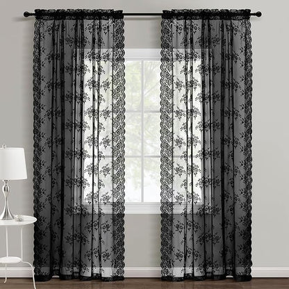 Kotile Black Lace Curtains for Bedroom Rustic Floral 42 x 63 Inch 2 Panels | - Image 6