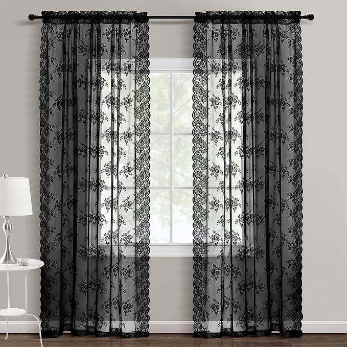 Kotile Black Lace Curtains for Living Room Goth Floral 42x84 Inch 2 Panels | - Image 2