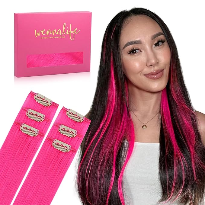 WENNALIFE Hot Pink Clip in Hair Extensions Real Human Hair 35g 6pcs 20 Inch Colored Hair Extensions for Kids Women Colorful Hair Pieces Pop-up Style Straight Extensiones De Cabello Humano Con Clip