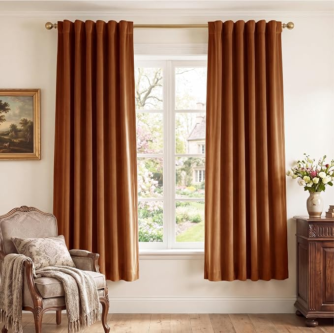 Burnt Orange Velvet Curtains Back Tab Boho Drapes, Window Back Tab Pinch Pleat by StangH