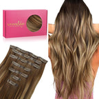 WENNALIFE Seamless Clip in Hair Extensions Human Hair, 12 Inch 80g 7pcs Balayage Chocolate Brown to Caramel Blonde Real Hair Extensions Clip Ins Invisible PU Skin Weft Natural Remy Hair