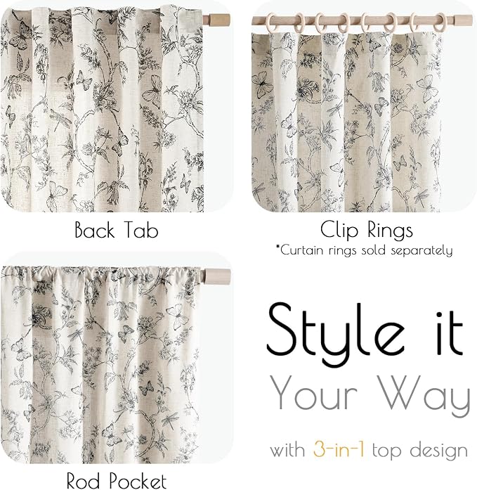 Black Floral Linen Curtains Farmhouse Rod Pocket 50W X 63L 2 Panels | Charlotte - Image 7