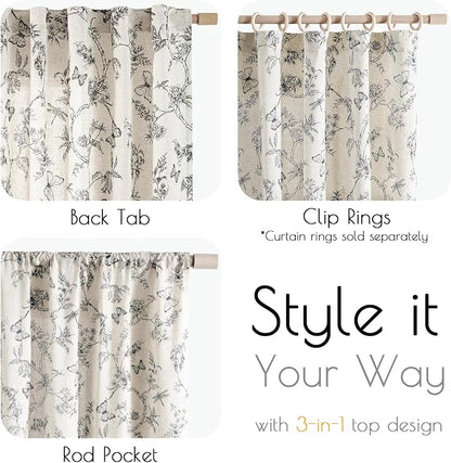 Black Floral Linen Curtains Farmhouse Rod Pocket 50W X 63L 2 Panels | Charlotte - Image 7