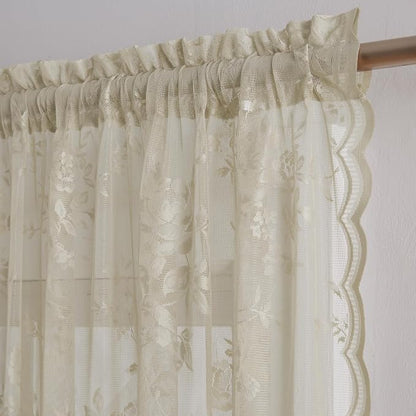 Khaki Lace Curtains 72 Inch Length 2 Panels set Vintage Floral Sheer Curtains - Image 5