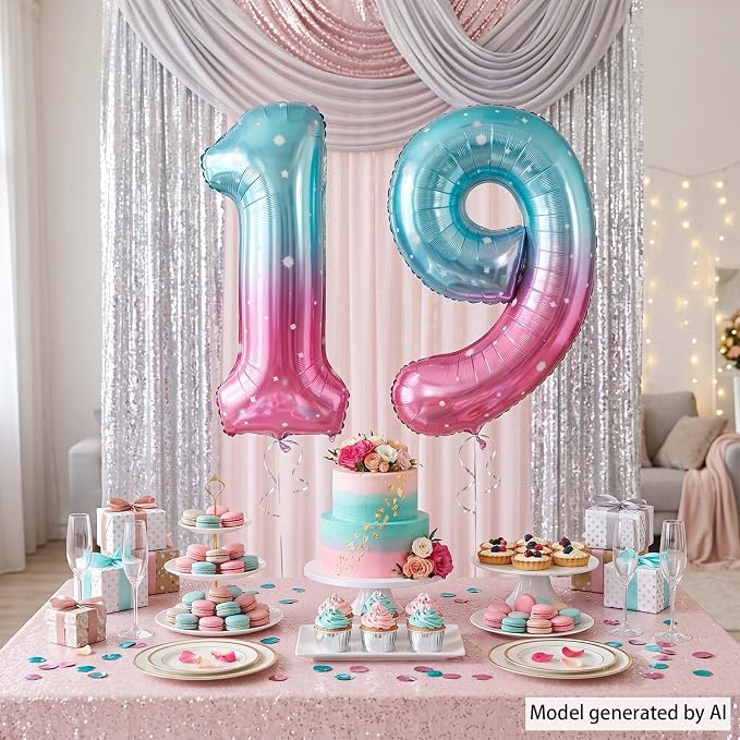 40 Inch Blue Pink Number 19 Balloon, Ombre Foil 19th Birthday Party Decor | - Image 3